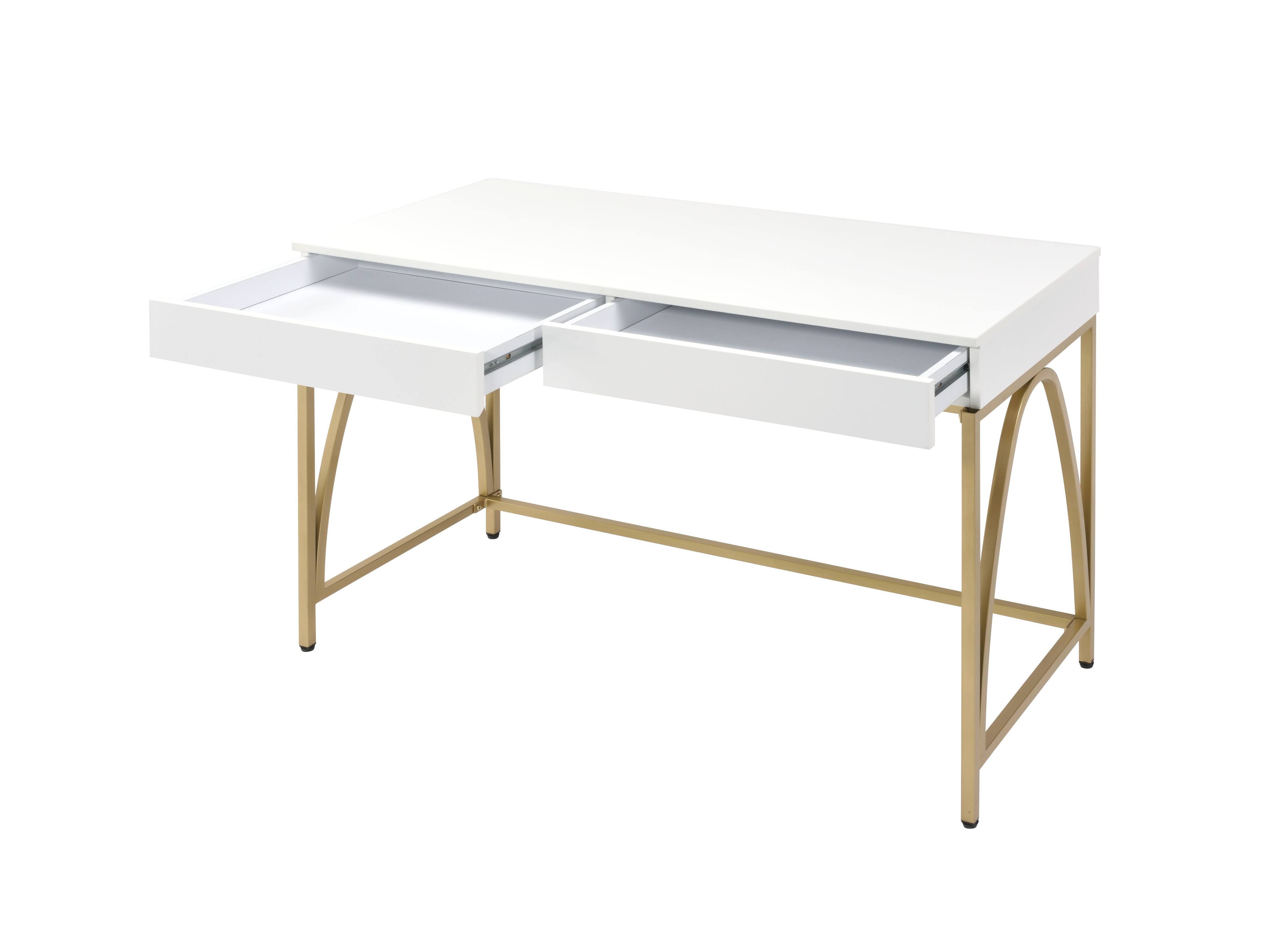Left. Manhattan Lane - Rectangular Wooden Frame Desk with 2 Drawers and Metal Legs, White and Gold - White and Gold.