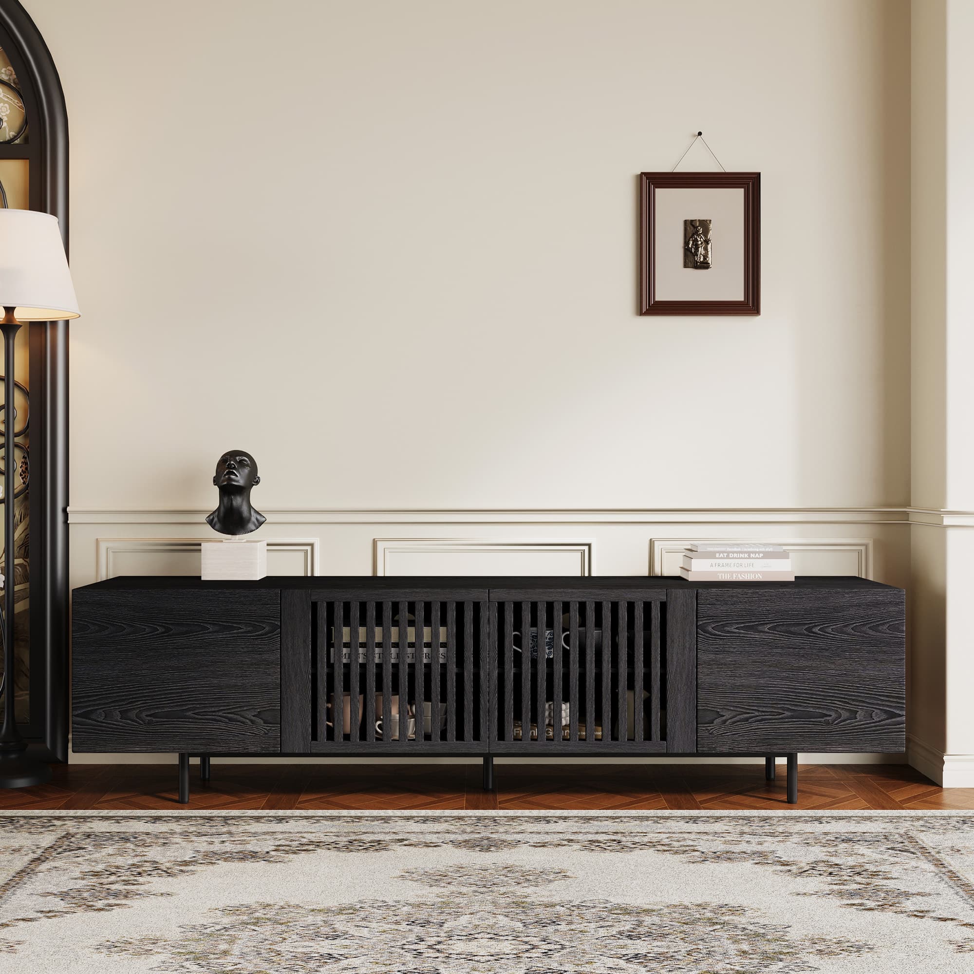 luck idea - Modern TV Stand with Adjustable Shelves, Soft-Close Hinges & Cable Management, Media Console for Living Room - Black