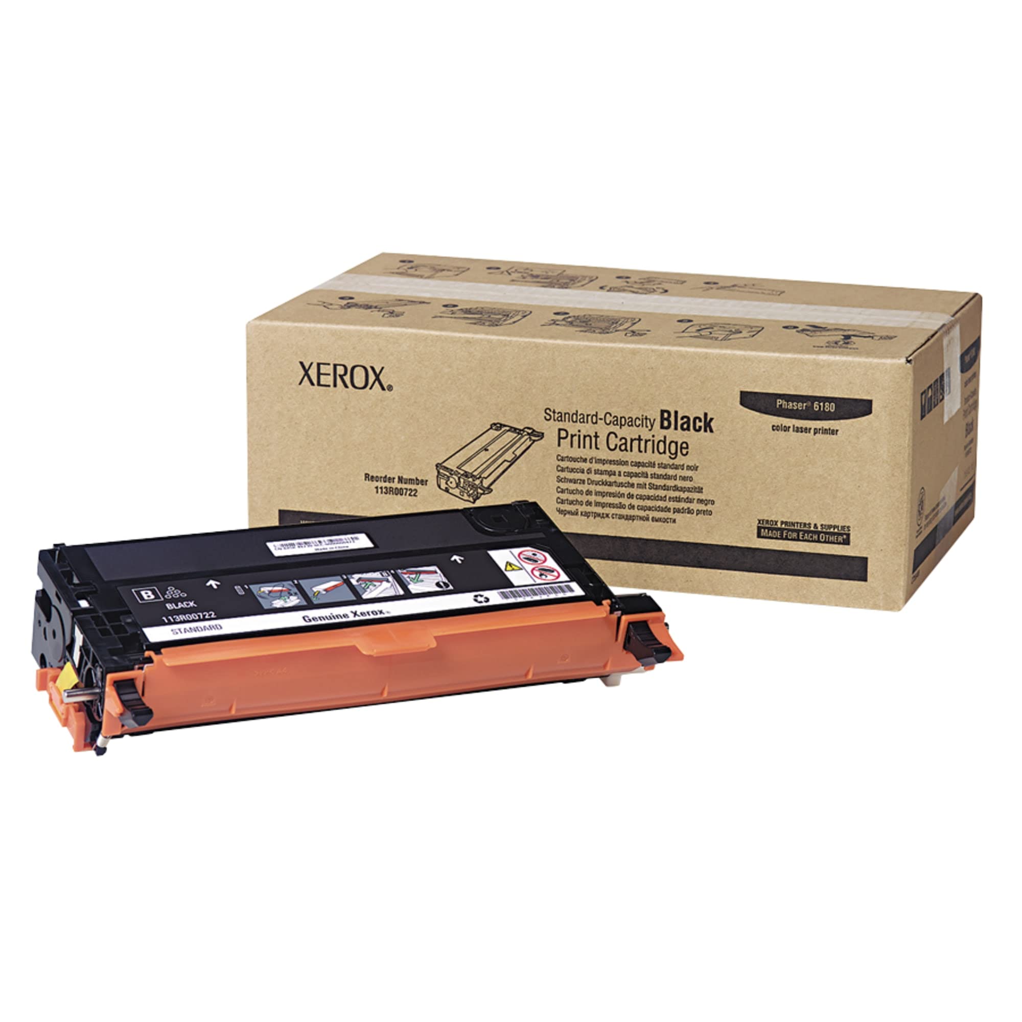 XEROX Reorder Number 113800722  
Standard-Capacity Black Print Cartridge  
Cartouche d'impression Cartuccia capacit standard ode 5 stana 1 capacit Schwarze standard nero Drucklart tusche ml Cartucho de Impresin de Standardiapazit Cartucho de capacidad estndar negra Impresso de capacidade padro preto  
Phaser 6180 color laser printer  
XEROX PRINTERS I SUPPLIES MADE FOR EACH OTHER*  
GGG BLACK 113R00722 STANDARO  
Genuine Xerox