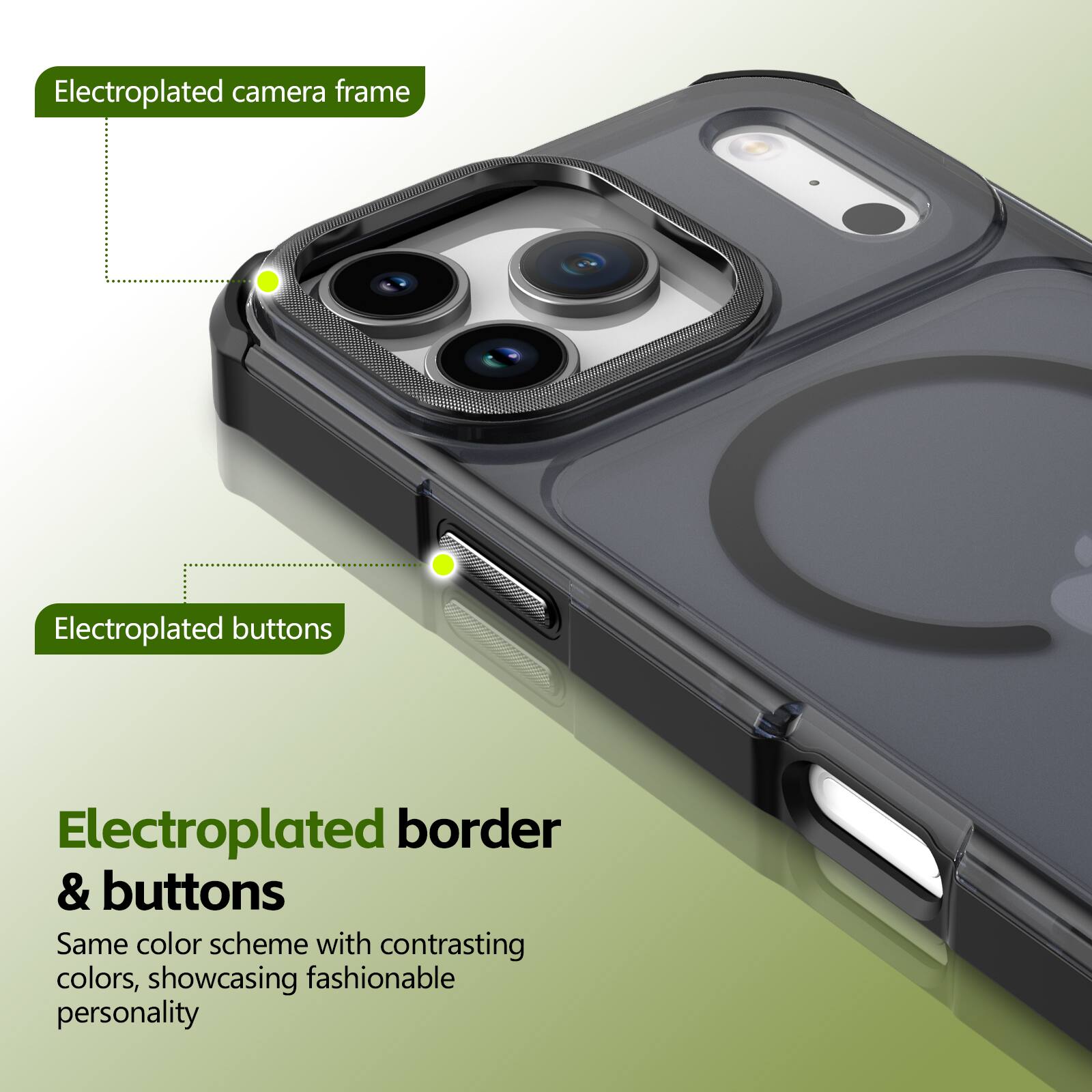 Electroplated camera frame  
Electroplated buttons  
Electroplated border & buttons  

Same color scheme with contrasting colors, showcasing fashionable personality