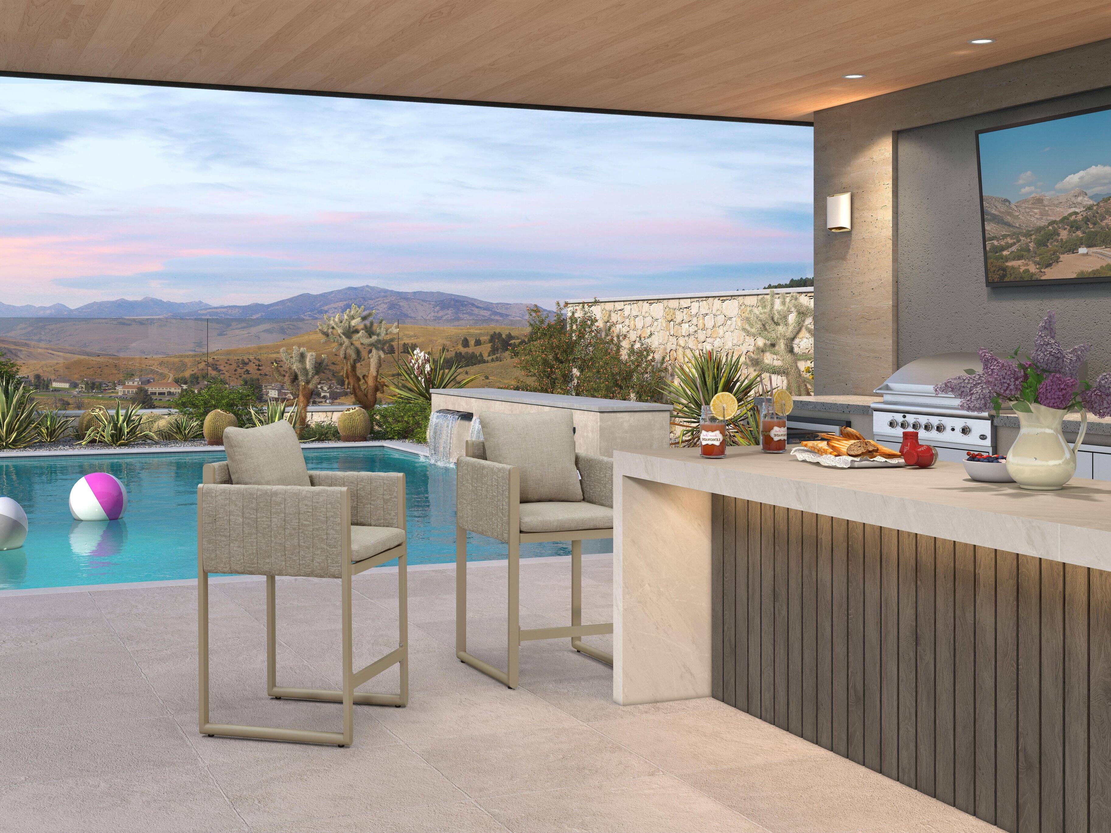 Alt View 1. PURPLE LEAF - Outdoor Counter Height Stool Set of 2 Aluminum Modern Olefin Barstools with Backrest Pillow for Garden Balcony Lawn - Champagne & Oval Base-Counter Stool.