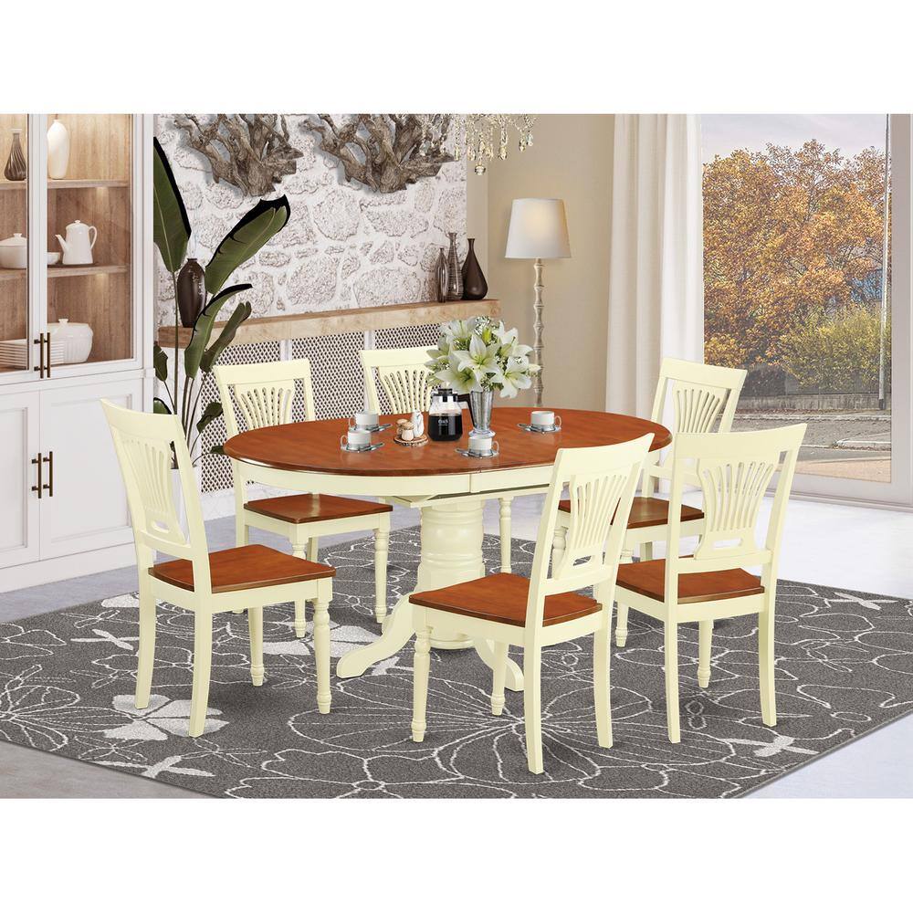 Back. East West Furniture - 7 Pc set Dinette Table featuring Leaf and 6 Wood Dinette Chairs in Buttermilk and Cherry - Buttermilk & Cherry.