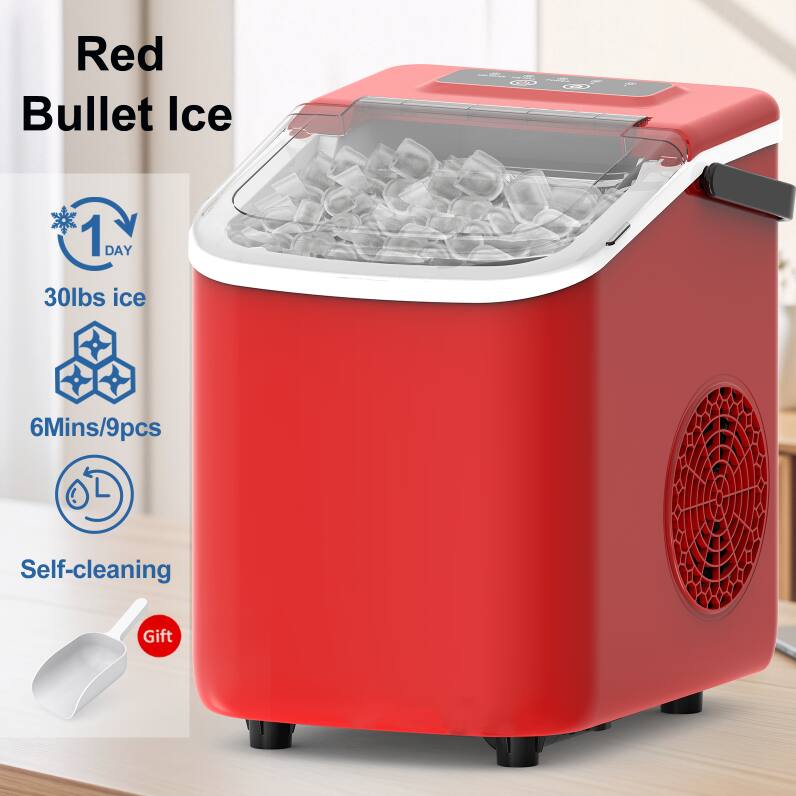 Red Bullet Ice  
1 DAY  
30lbs ice  
6Mins/9pcs  
Self-cleaning  
Gift