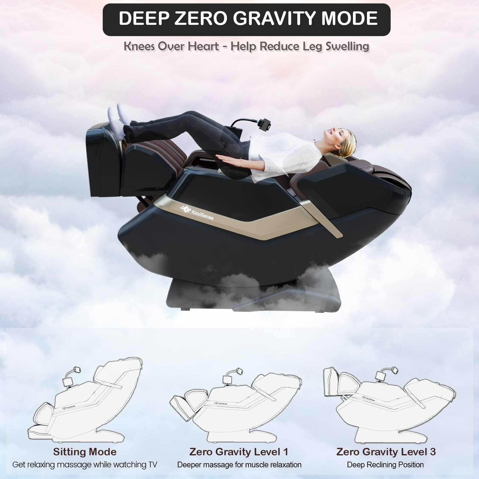DEEP ZERO GRAVITY MODE  
Knees Over Heart - Help Reduce Leg Swelling  

Sitting Mode  
Get relaxing massage while watching TV  

Zero Gravity Level 1  
Deeper massage for muscle relaxation  

Zero Gravity Level 3  
Deep Reclining Position