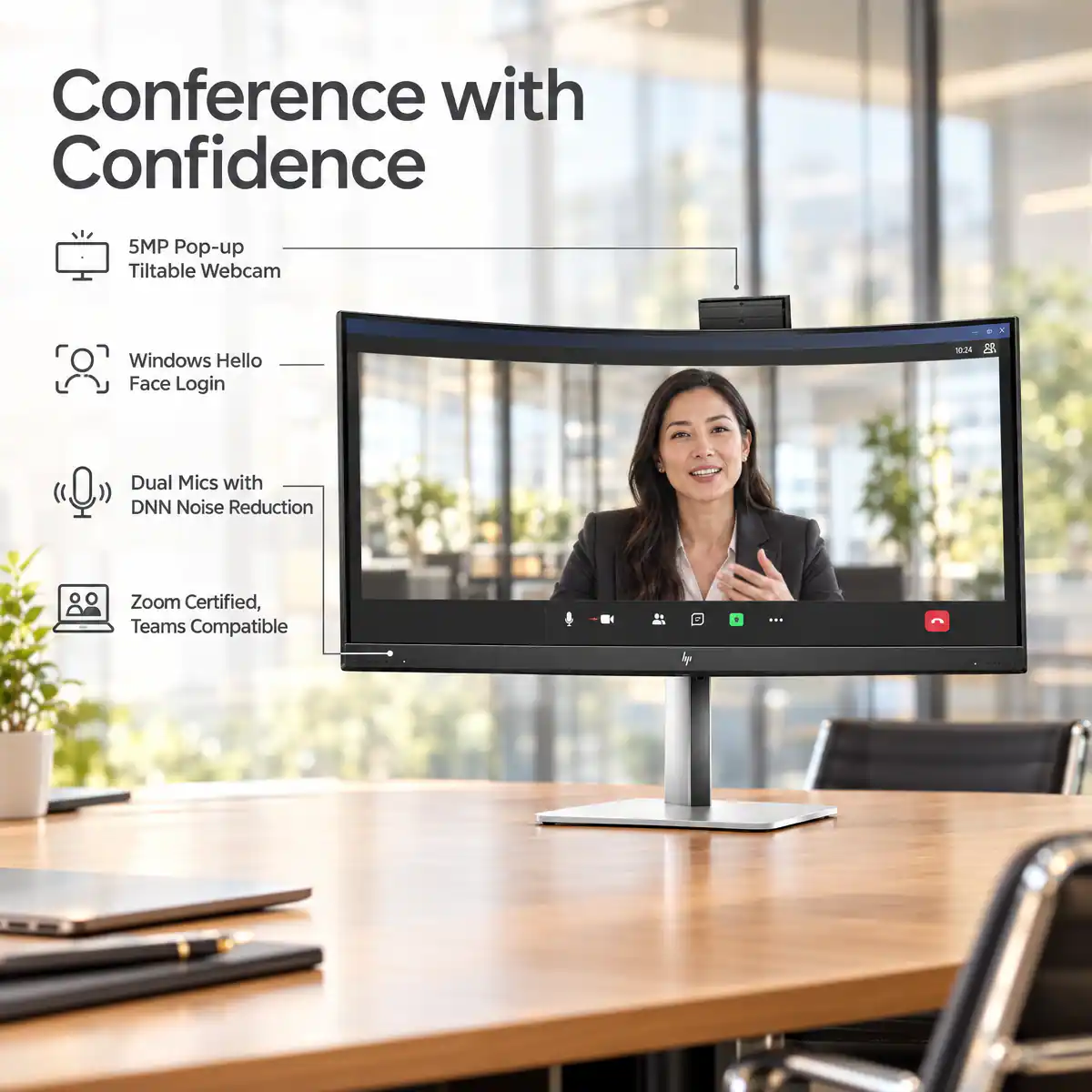 Conference with Confidence

5MP Pop-up Tiltable Webcam

Windows Hello Face Login

Dual Mics with DNN Noise Reduction

Zoom Certified, Teams Compatible