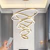 Front. RYHNUYNE - Modern 6-Ring LED Chandelier for High Ceilings Large Adjustable Pendant Light with Remote Control Dimmable - Gold.