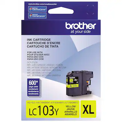 www.brother.com/creativecenter
BROTHER CREATIVECENTER
BROTHER CENTRECRATIF
brother at your side
INK CARTRIDGE
CARTOUCHE D'ENCRE
CARTUCHO DE TINTA
FOR USE WITH
POUR UTILISER AVEC
PARA USO CON
PARA USO COM
DCP-J152W
MFC-J245 / J285DW / J450DW / J470DW
MFC-J475DW / J650DW / J870DW / J875DW
MFC-J4310DW / J4410DW / J4510DW / J4610DW
MFC-J4710DW
MFC-J6520DW / J6720DW / J6920DW
600* page yield
rendement
rendimiento
rendimento
HIGH YIELD / HAUT RENDEMENT / ALTO RENDIMIENTO / ALTO RENDIMENTO
LC103Y
YELLOW
JAUNE
AMARIL