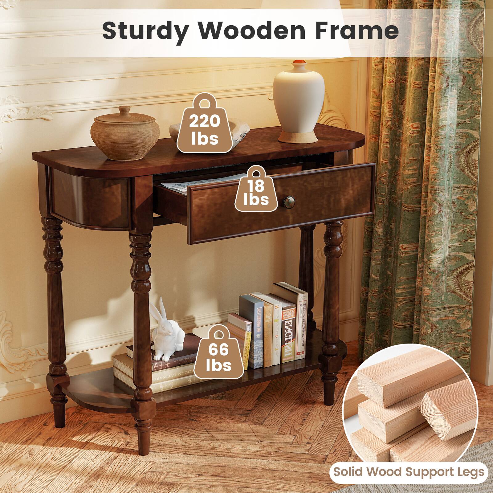 Sturdy Wooden Frame  
220 lbs  
18 lbs  
66 lbs  

Solid Wood Support Legs