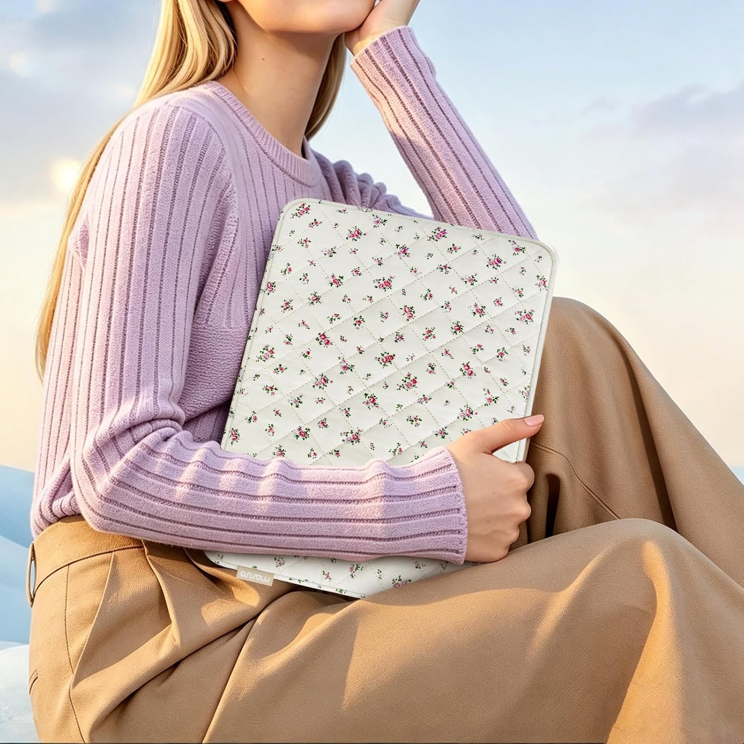 Alt View 3. mosiso - Floral Puffy Laptop Sleeve 13.3 Inch, Vertical Laptop Carrying Bag with Small Case for MacBook Air 13.6/Pro 13 14/Neo 13 - Pink.