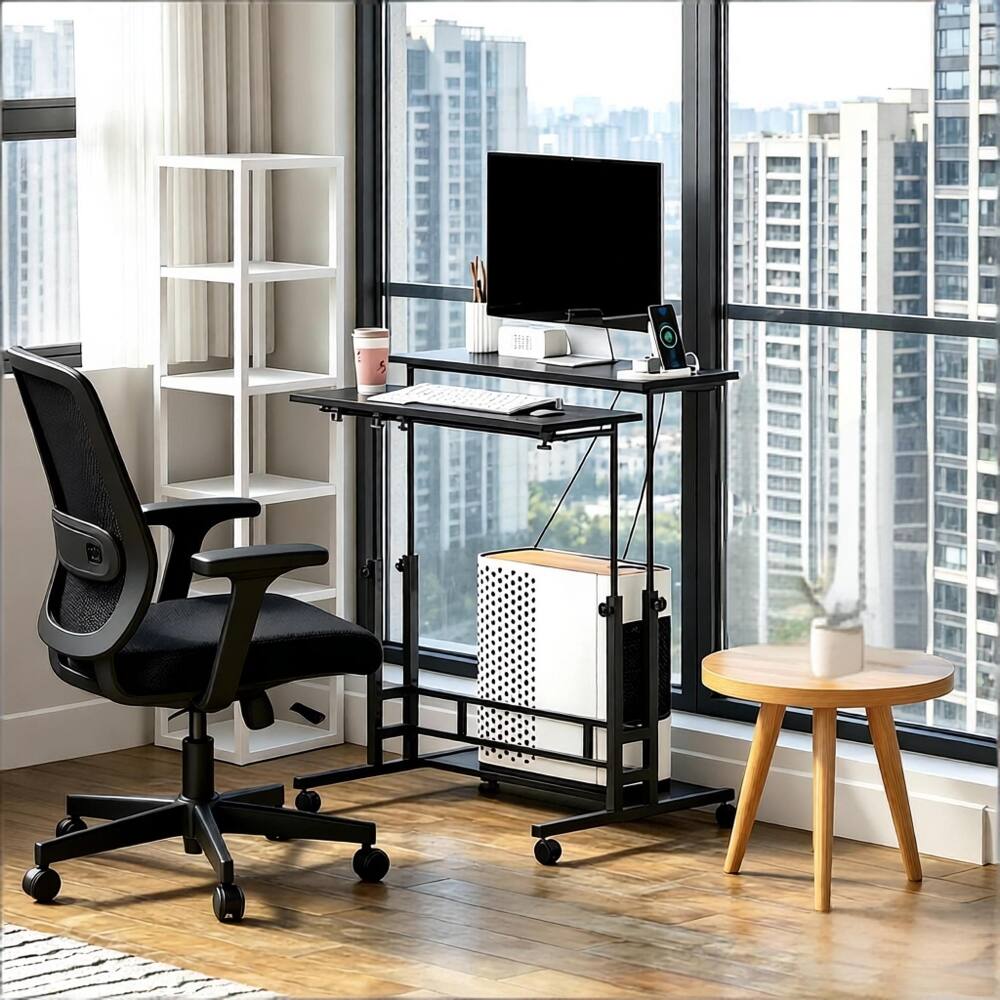 Left. Loheer - Loheer Adjustable Standing Desk with Charging Station Black Mobile Sit Stand Desk with Wheels Tiltable Desktop - Black.