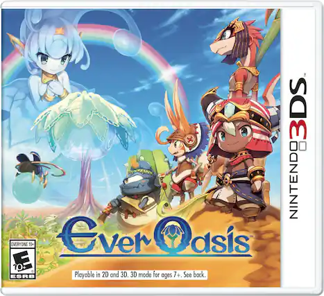 **Nintendo 3DS**
**Ever Oasis**
**Everyone 10+**
**ESRB**
**Playable in 2D and 3D. 3D mode for ages 7+. See back.** - E10+ (Everyone 10+)