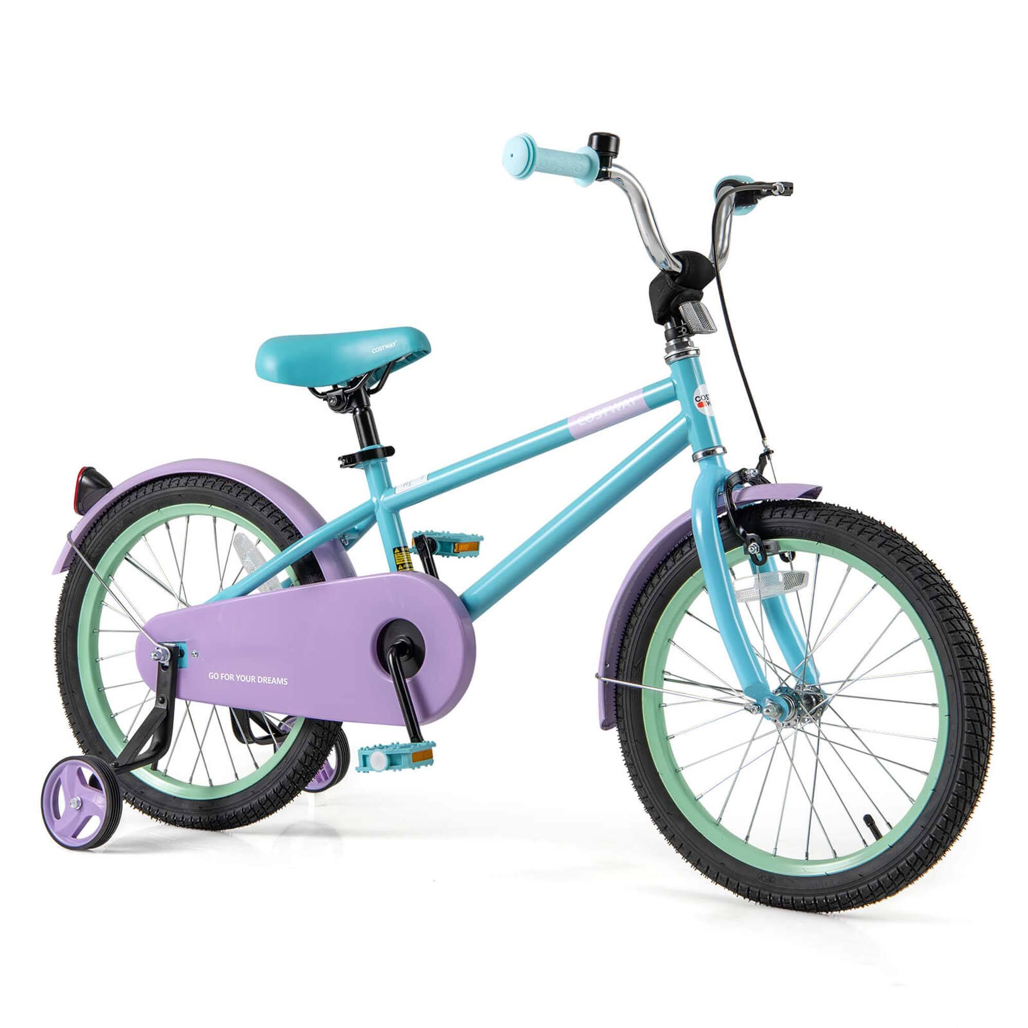 Costway - 18" Kids Bike with Adjustable Saddle Handlebar Removable Training Wheels Handbrake - Blue