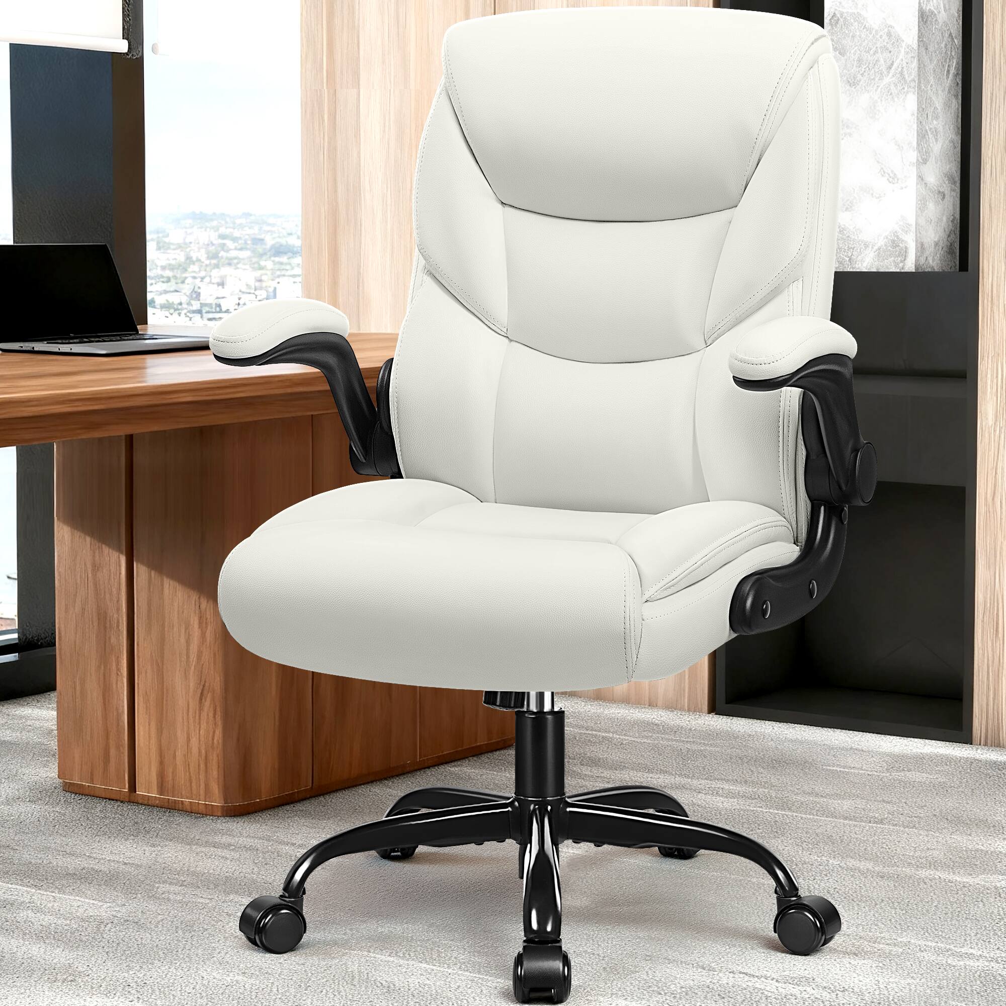 Alt View 4. KERDOM - PU Leather Ergonomic Home Desk Chair, Tilt Swivel Mid Back Computer Chair Adjustable Height, Padded Flip-Up Armrests - White.