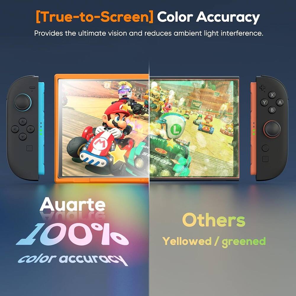 [True-to-Screen] Color Accuracy  
Provides the ultimate vision and reduces ambient light interference.

Auarte  
100% color accuracy

Others  
Yellowed / greened