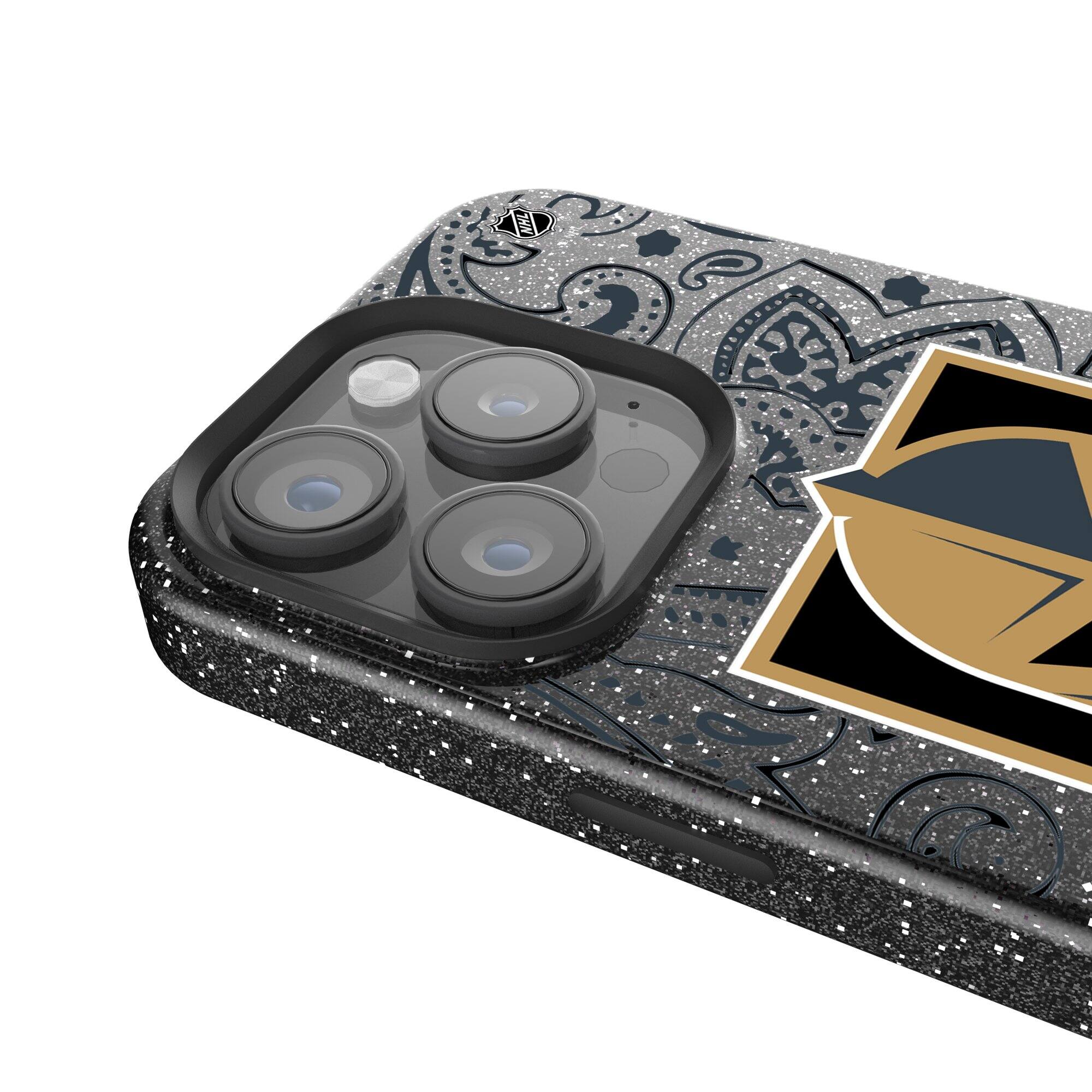 Alt View 3. Keyscaper - Black Vegas Golden Knights Paisley Bling iPhone Case - 14 Plus - Black.