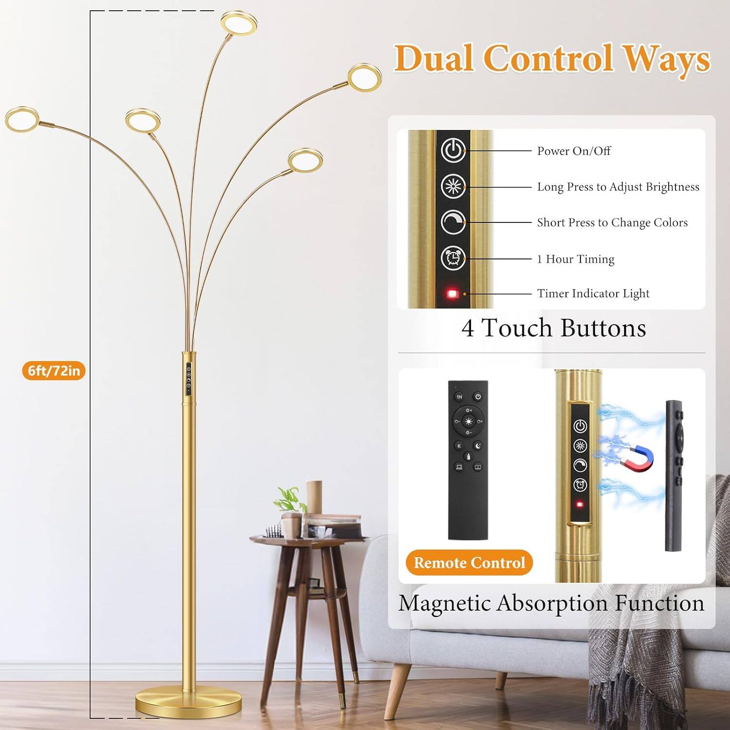 Dual Control Ways

- Power On/Off
- Long Press to Adjust Brightness
- Short Press to Change Colors
- 1 Hour Timing
- Timer Indicator Light

4 Touch Buttons

Remote Control

Magnetic Absorption Function

6ft/72in