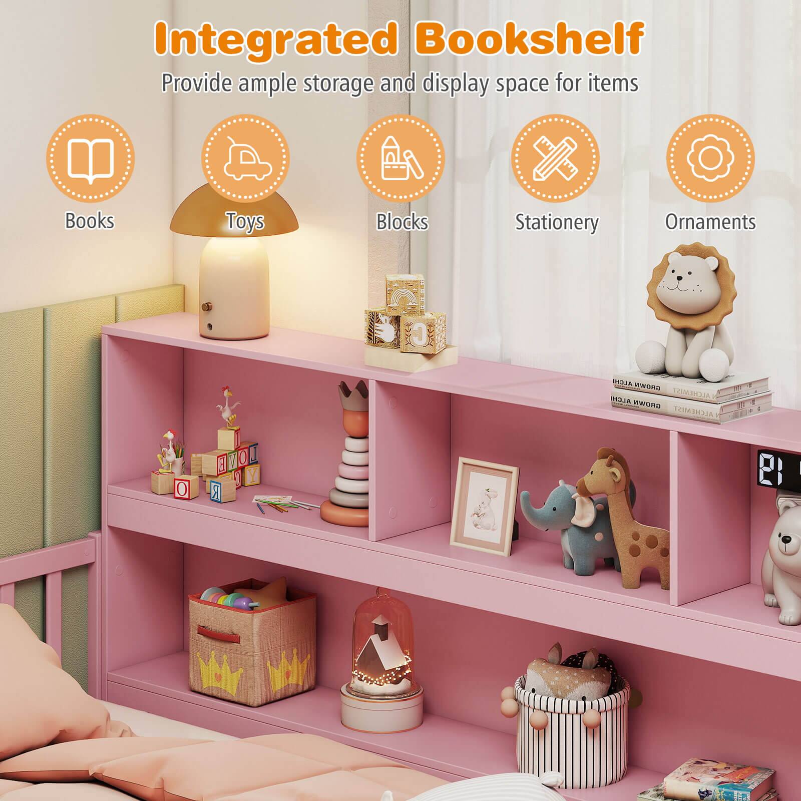 Alt View 7. Costway - Costway Twin Size Montessori Floor Bed with Bookcase Storage Shelves & Safety Fence Rails - Pink.