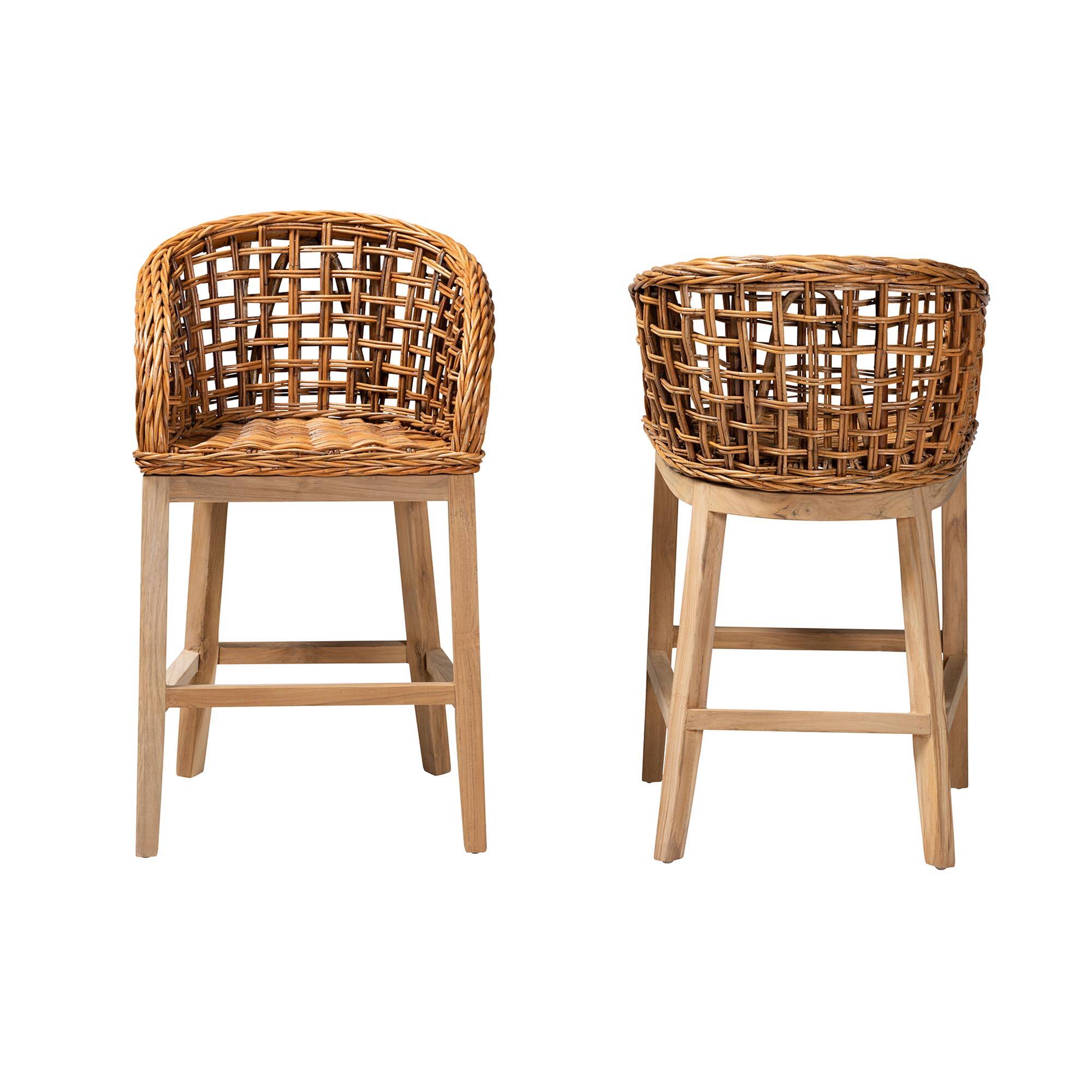 Angle. bali & pari - Mario Modern Bohemian Natural Finished Teak Wood and Rattan 2-Piece Counter Stool Set - Natural Brown/Brown.