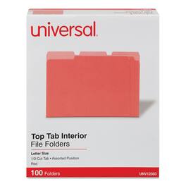 Universal - Interior File Folders, 1/3-Cut Tabs: Assorted, Letter Size, 11-pt Stock, Red, 100/Box