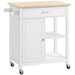 Homcom - Kitchen Island Cart, Rolling Kitchen Island with Storage Shelf, Solid Wood Top, Drawer, for Dining Room - White