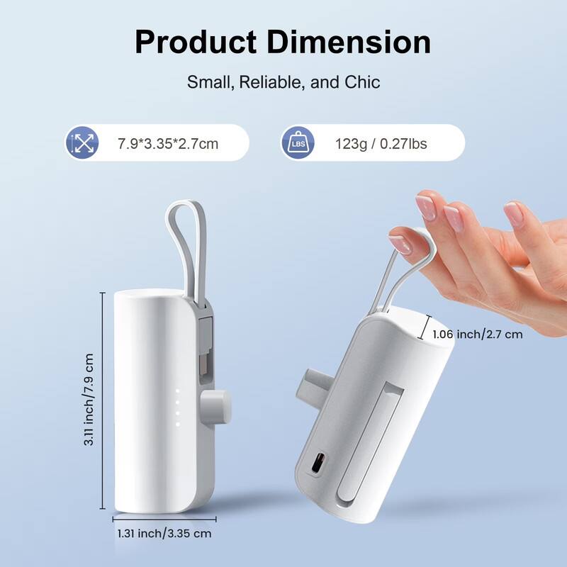 Product Dimension  
Small, Reliable, and Chic  

7.9*3.35*2.7cm  
123g / 0.27lbs  

3.11 inch / 7.9 cm  
1.31 inch / 3.35 cm  
1.06 inch / 2.7 cm