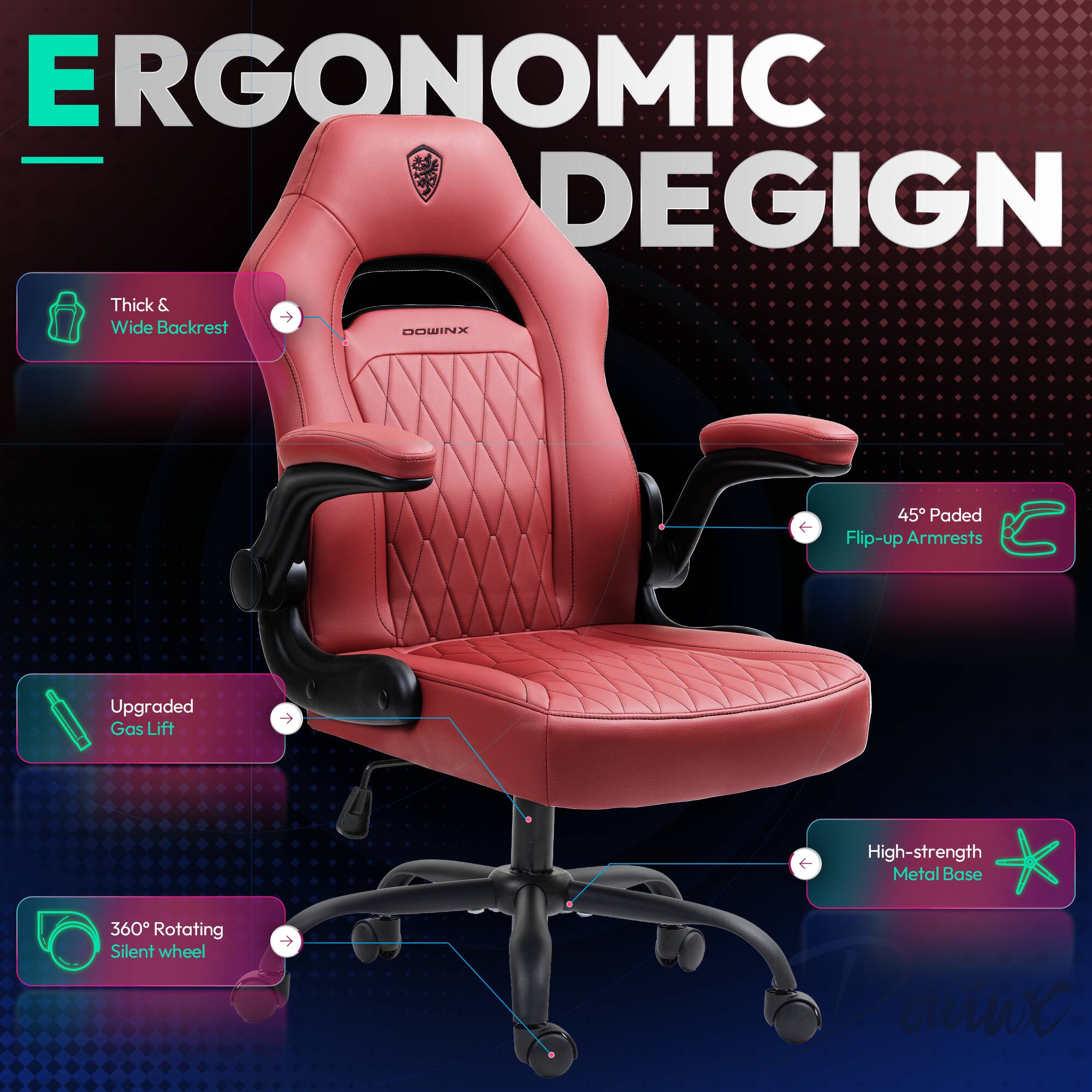 ERGONOMIC DESIGN

- Thick & Wide Backrest
- 45° Padded Flip-up Armrests
- Upgraded Gas Lift
- 360° Rotating Silent Wheel
- High-strength Metal Base