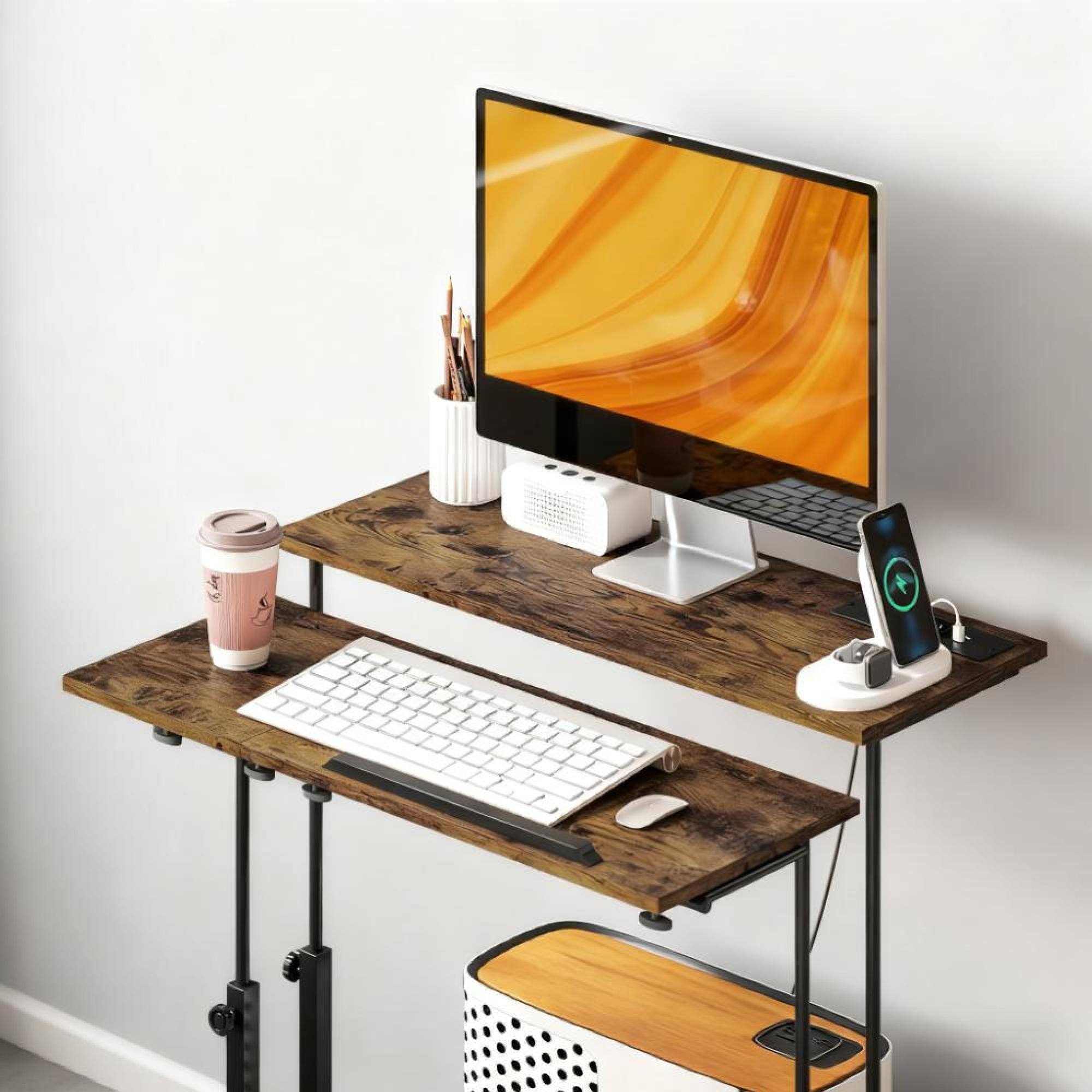 Back. GOODSILO - Adjustable Standing Desk with Tiltable Tabletop, Mobile Casters, and Built-in Charging Station - Brown.