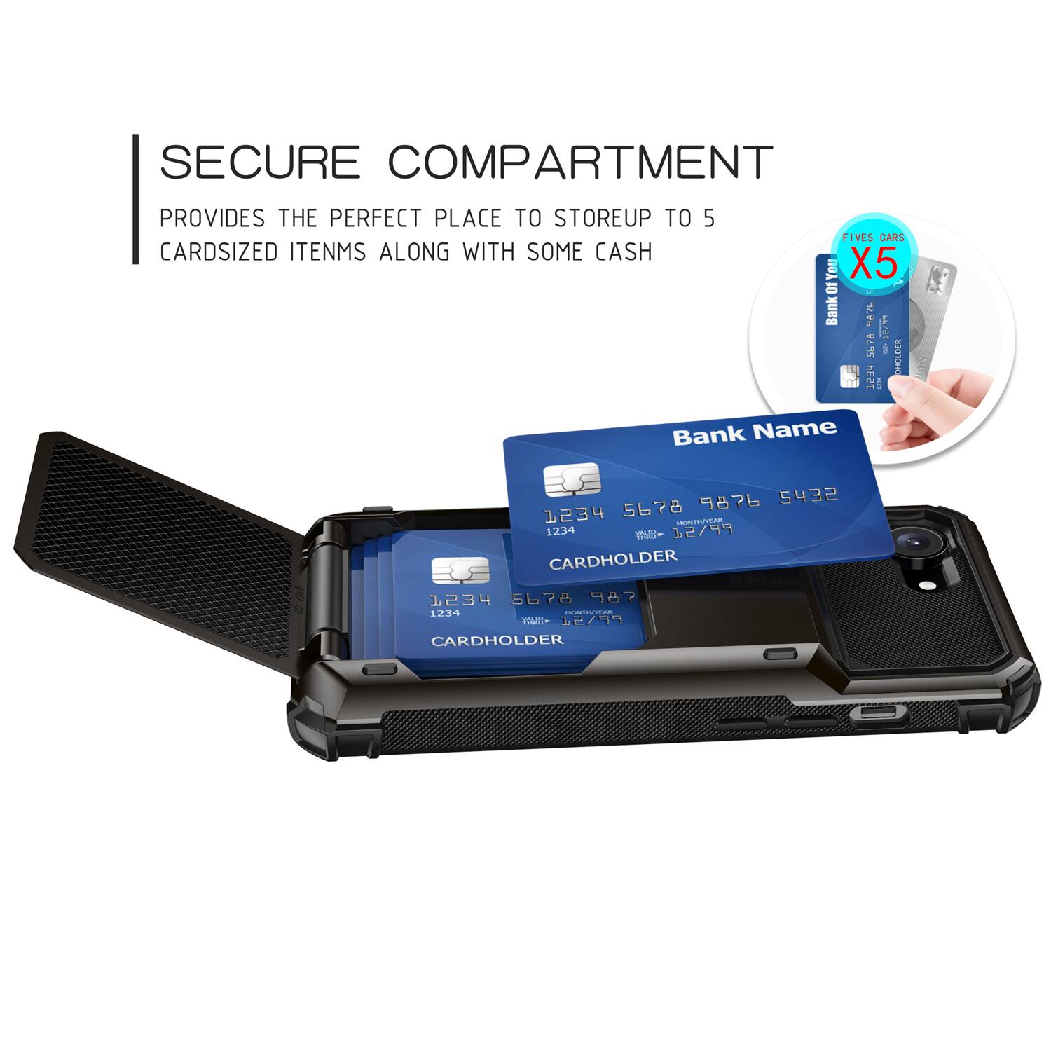 SECURE COMPARTMENT PROVIDES THE PERFECT PLACE TO STORE UP TO 5 CARDSIZED ITEMS ALONG WITH SOME CASH

FIVES CARS X5

Bank A
12744 5676
CARDHOLDER: 1234 5

Bank Name
9876 5432 1234 5678
CARDHOLDER: 1234

Viul
12/99
CARDHOLDER: 1234 5678 987 1234