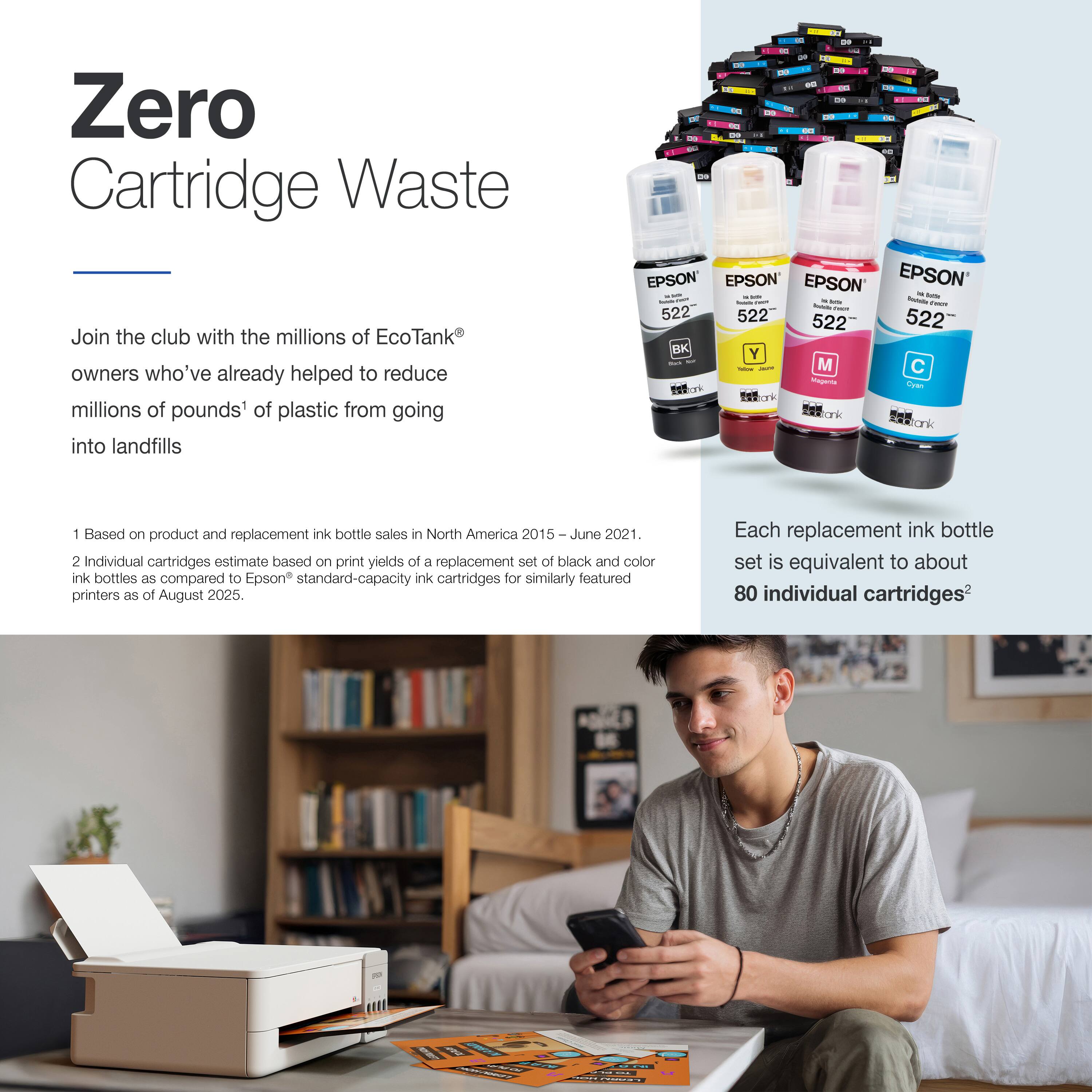 Zero Cartridge Waste

Join the club with the millions of EcoTank® owners who've already helped to reduce millions of pounds¹ of plastic from going into landfills

1 Based on product and replacement ink bottle sales in North America 2015 – June 2021.
2 Individual cartridges estimate based on print yields of a replacement set of black and color ink bottles as compared to Epson® standard-capacity ink cartridges for similarly featured printers as of August 2025.

Each replacement ink bottle set is equivalent to about 80 individual cartridges²