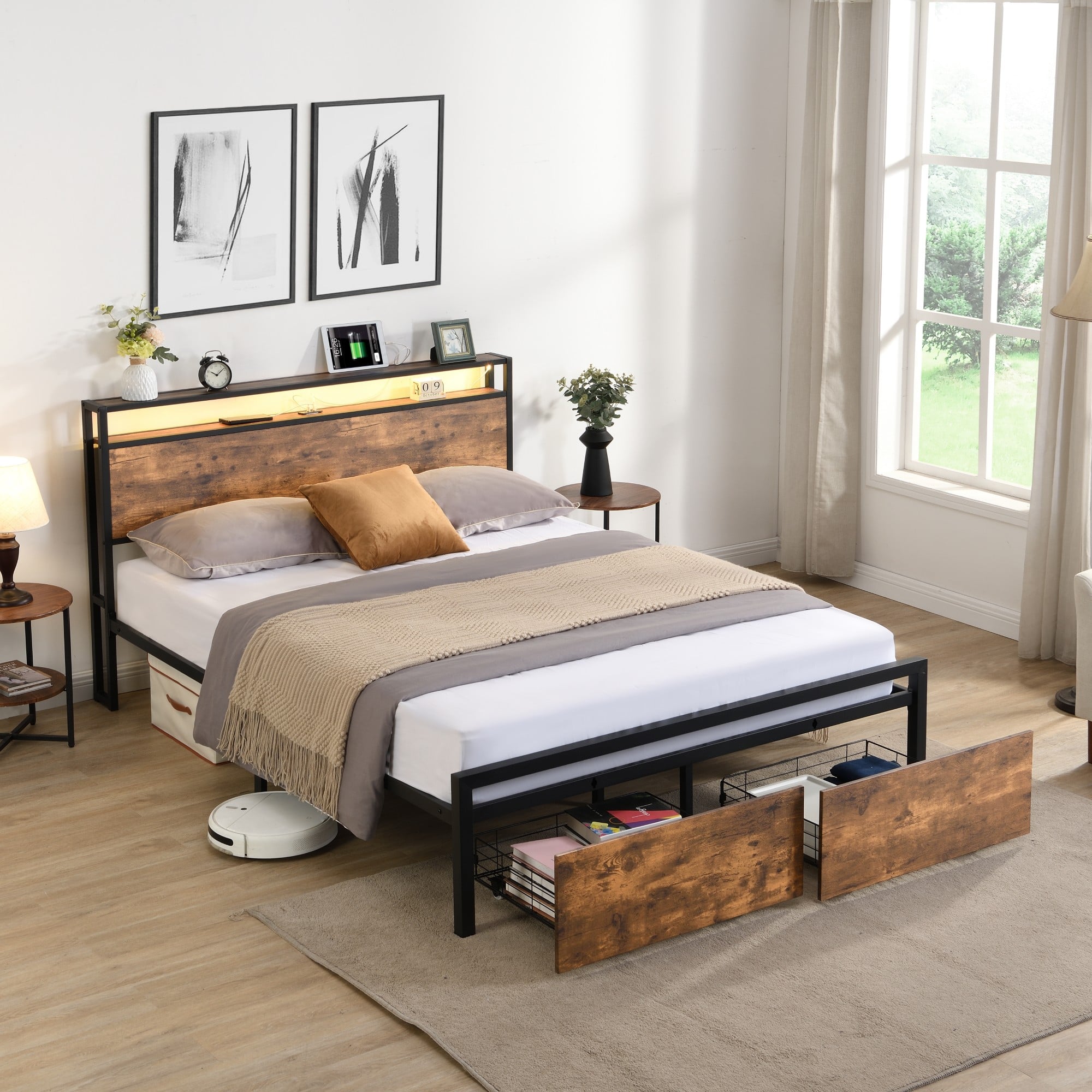 Boyel Living - Queen Size Industrial Bed Frame with Storage Headboard LED Lights Charging Station and 2 Underbed Drawers - Black