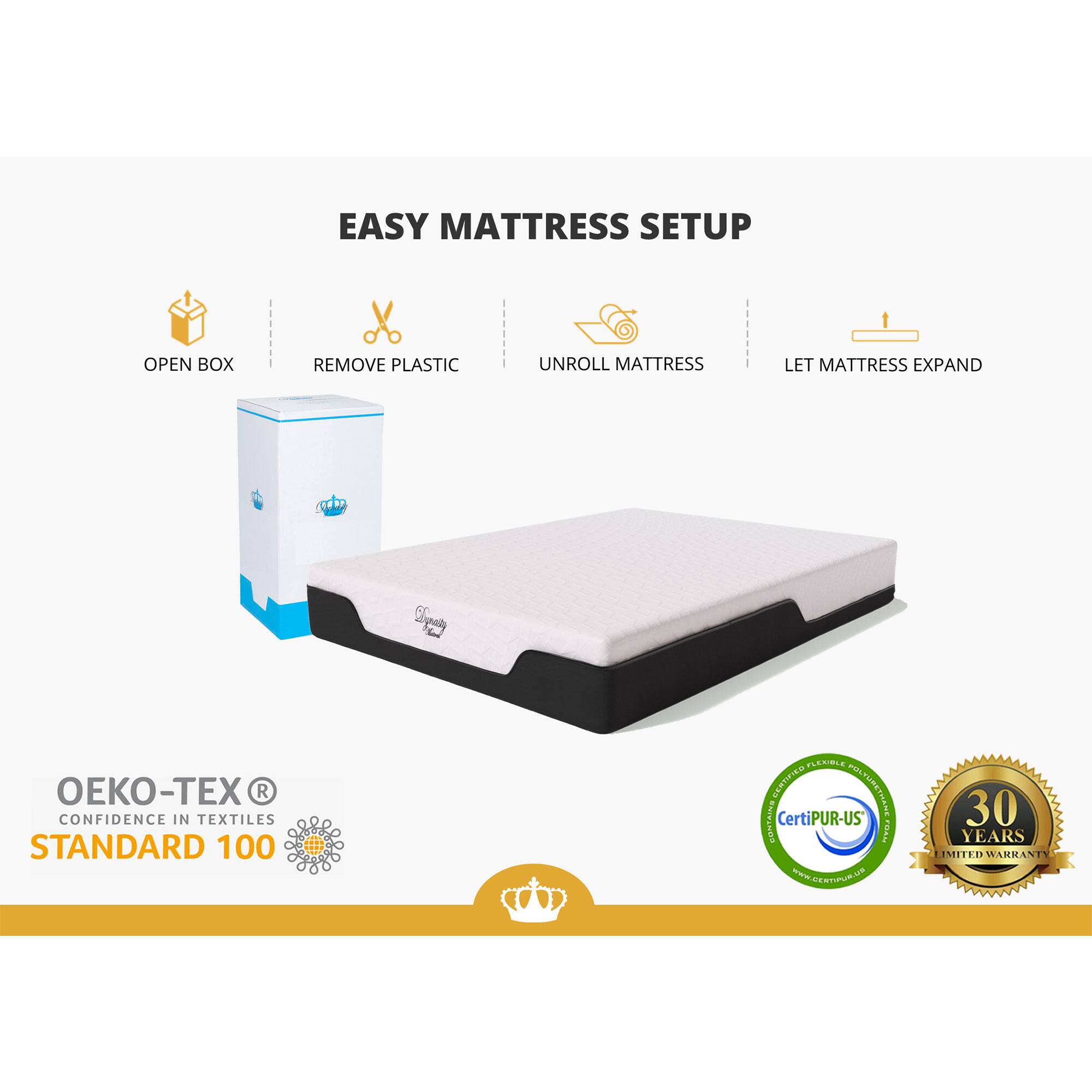 EASY MATTRESS SETUP

OPEN BOX  
REMOVE PLASTIC  
UNROLL MATTRESS  
LET MATTRESS EXPAND

OEKO-TEX®  
CONFIDENCE IN TEXTILES  
STANDARD 100

CertiPUR-US®

30 YEARS LIMITED WARRANTY