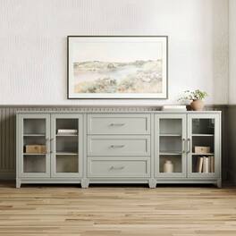 Martha Stewart - Bedford 2-Piece Modular Cabinet and 3-Drawer Base Cabinet Set with Premium Hardware, Soft-Close Glass Doors - Bedford Gray/Brushed Stainless Steel Hardware