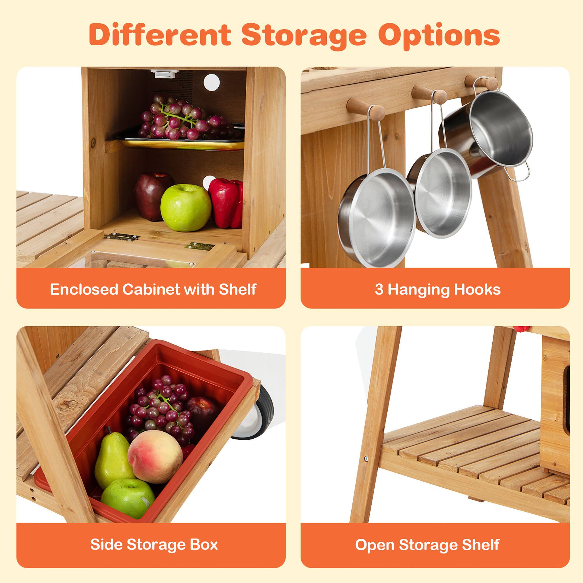 Different Storage Options

- Enclosed Cabinet with Shelf
- 3 Hanging Hooks
- Side Storage Box
- Open Storage Shelf
