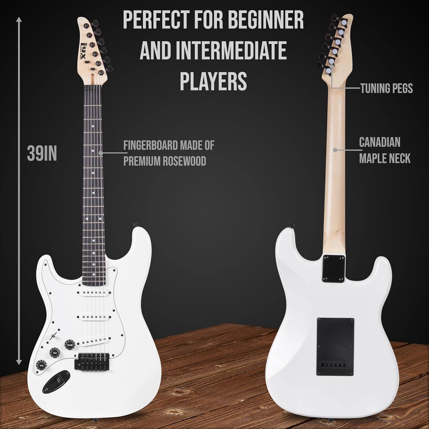 2. JUx Perfect for Beginner and Intermediate Players  
3. Tuning Pegs  
4. 39IN  
5. Fingerboard Made of Premium Rosewood  
6. Canadian Maple Neck