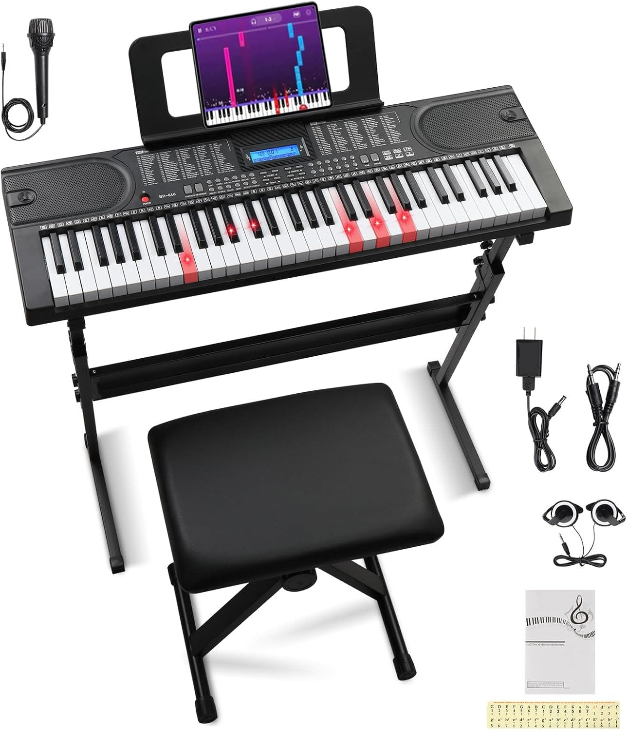 Winado - 61 Key lighted Keyboard Piano, Electric Keyboard Piano with Clear LCD Screen, Adjustable Stand & Stool, Headphones
