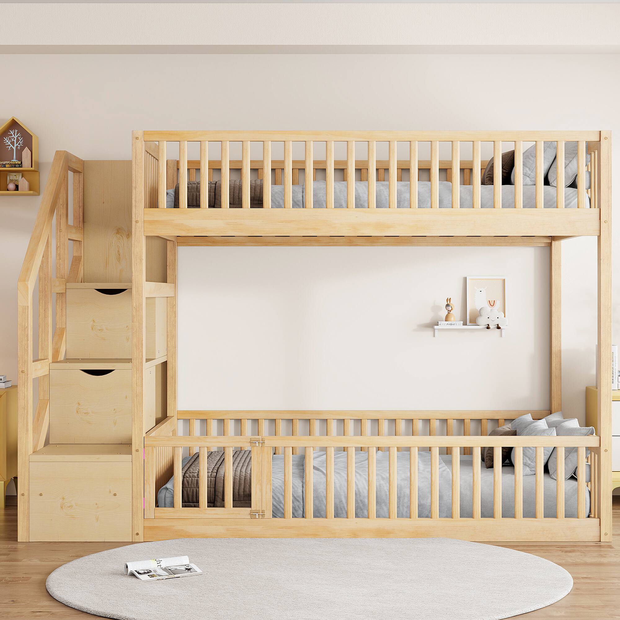 Left. Whisen - Full over Full Floor Bunk Bed,Low-Profile Bunk Bed with Storage Staircase & Guardrails - Natural.