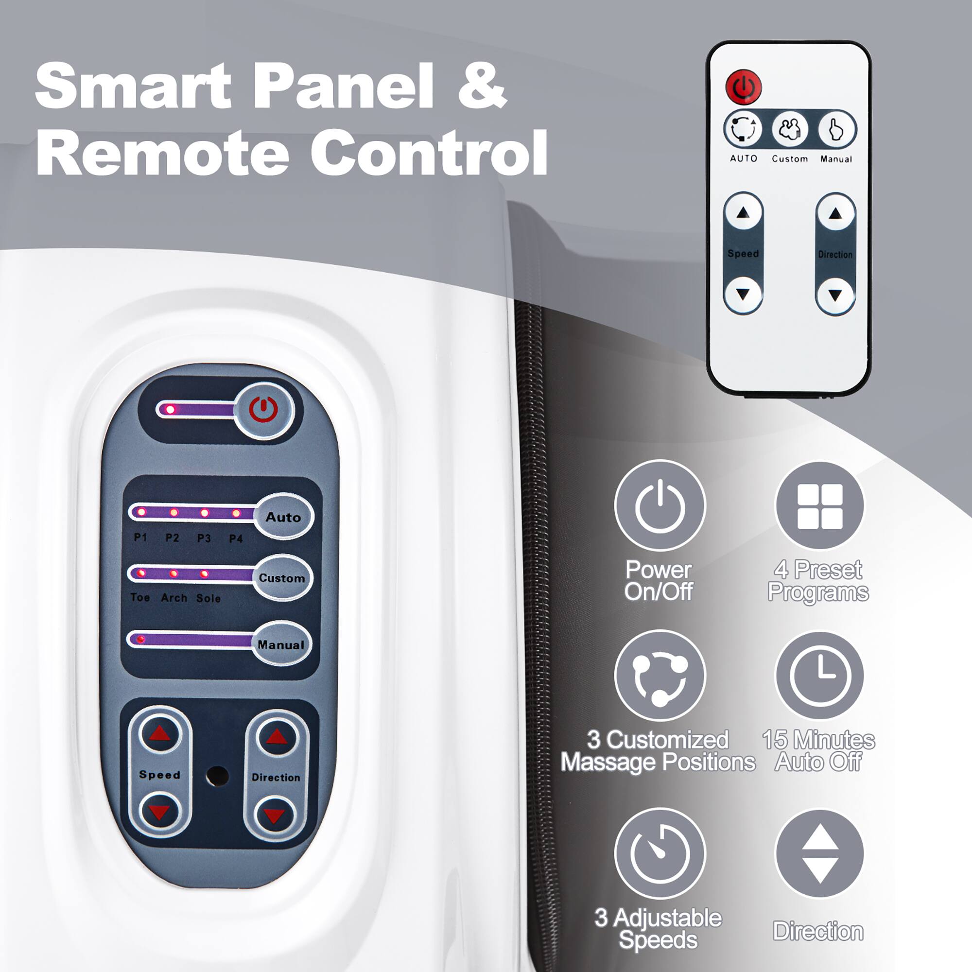 Smart Panel & Remote Control

- AUTO
- Custom
- Manual
- Speed
- Direction
- P1
- P2
- P3
- P4
- Tos Arch Sole
- Custom Power On/Off
- 4 Preset Programs
- Manual Speed Direction
- 3 Customized Massage Positions
- 15 Minutes Auto Off
- 3 Adjustable Speeds
- 3 Adjustable Directions