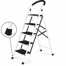 FED Fitness - 5 Step Ladder, Folding Step Stool with Extra Wide Anti-Slip Pedal, 350lbs Lightweight Portable Sturdy Steel Ladders - White