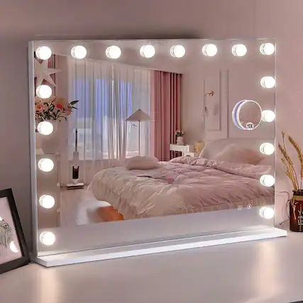 Front. Kadyn - 31.5"x22.8" Hollywood Mirror with 18 LED Bulbs, Bluetooth Speaker, Touch Screen & USB Port, Table/Hanging, White+Silver.