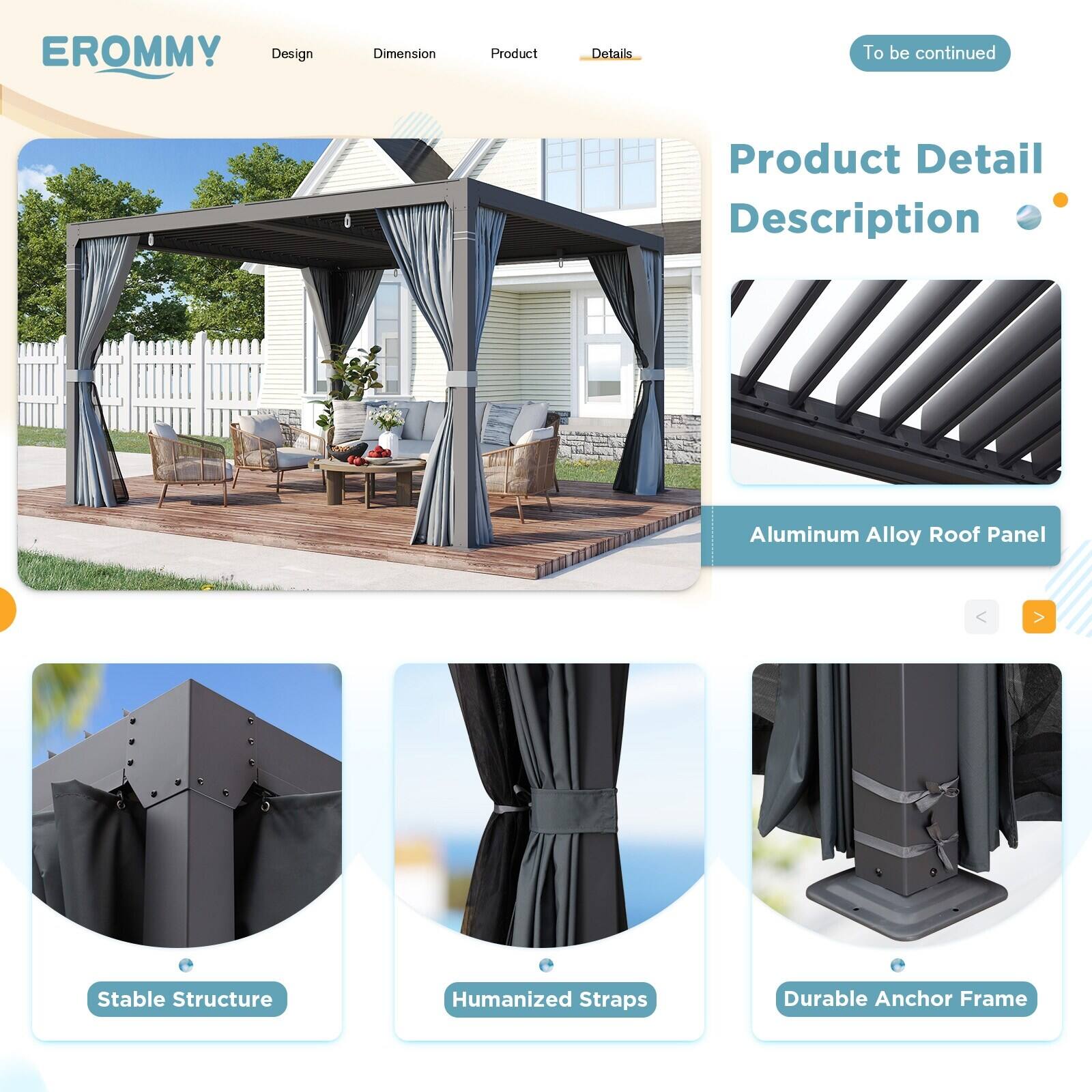 **EROMMY**

**Design** | **Dimension** | **Product** | **Details**

**Product Detail Description**

- **Aluminum Alloy Roof Panel**
- **Stable Structure**
- **Humanized Straps**
- **Durable Anchor Frame**

*To be continued*