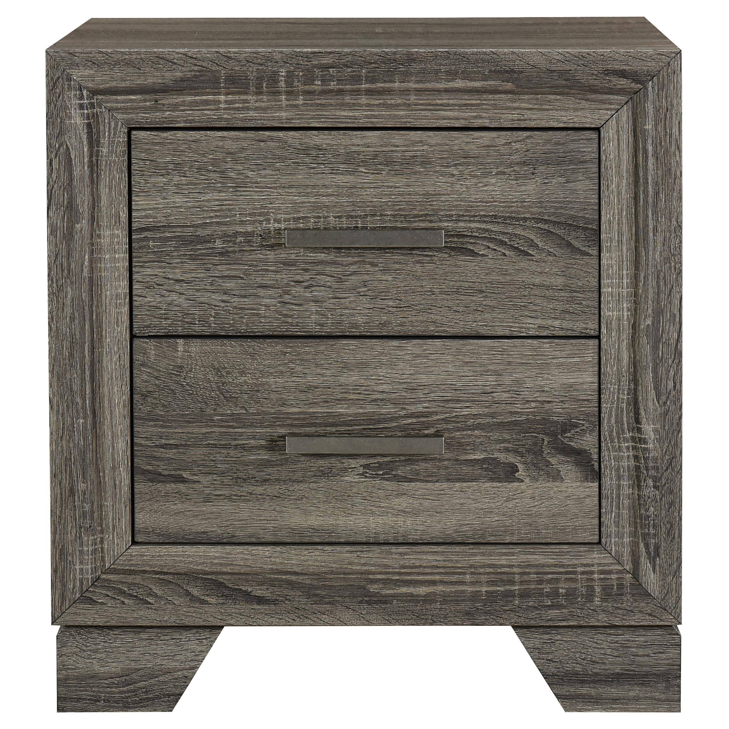 Angle. Manhattan Lane - Reay Nightstand, Oak Finish, 2 Drawers Metal Bar Handles - Oak Brown, Silver.