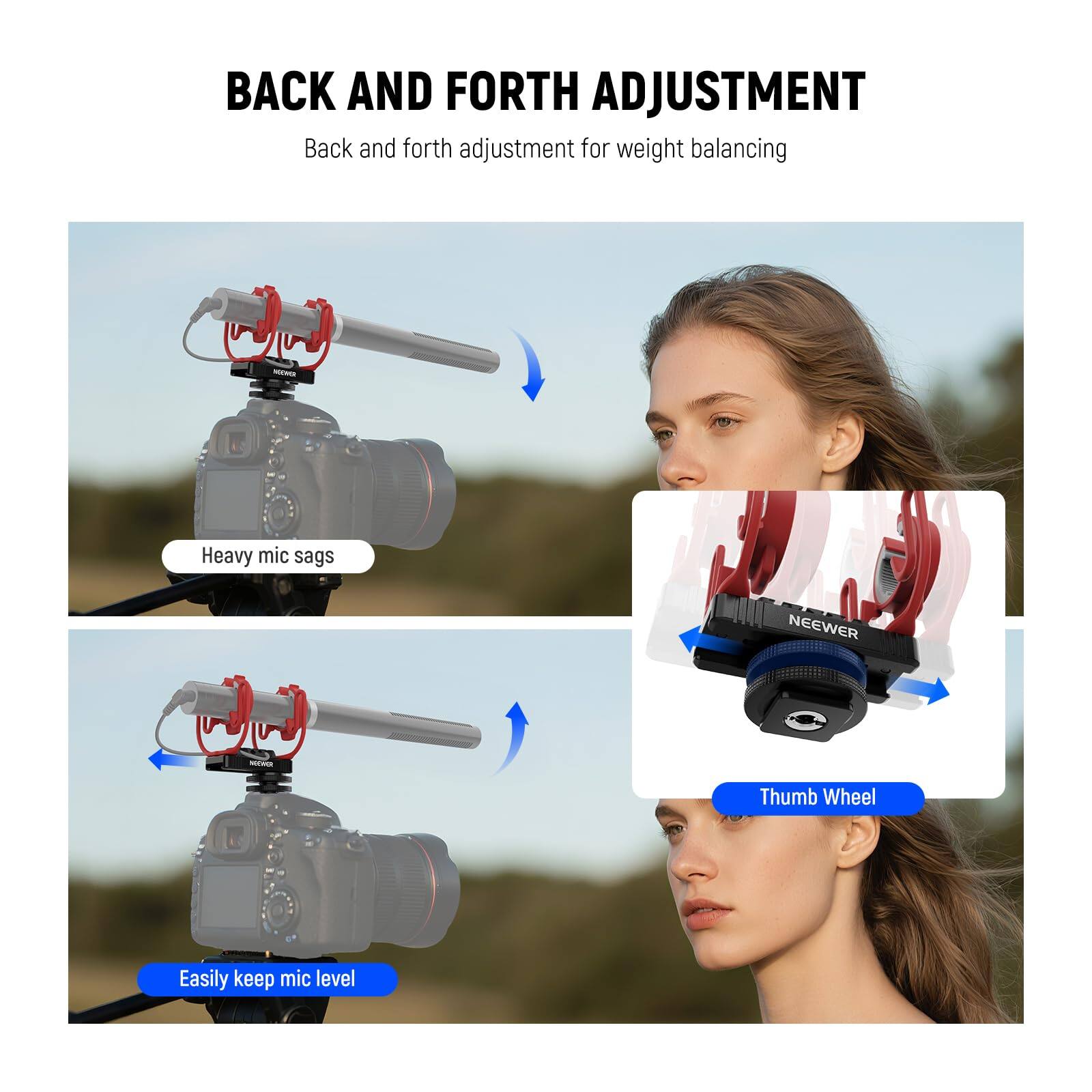 BACK AND FORTH ADJUSTMENT

Back and forth adjustment for weight balancing

Heavy mic sags

Thumb Wheel

Easily keep mic level