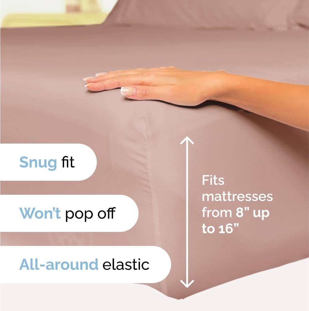 Snug fit  
Won't pop off  
Fits mattresses from 8" up to 16"  
All-around elastic