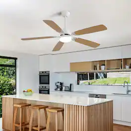 Bestier - 52inch Ceiling Fan w/ LED Light, 6 Speed, 5 Blades Reversible Silent DC Motor Ceiling Fan w/ Timer - White+Natural Wood