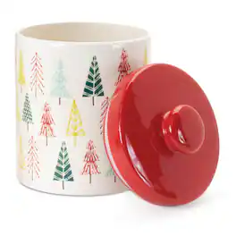 BreeBe - Ceramic Pine Tree Print Cookie Jar 10"H - White, Red, Green
