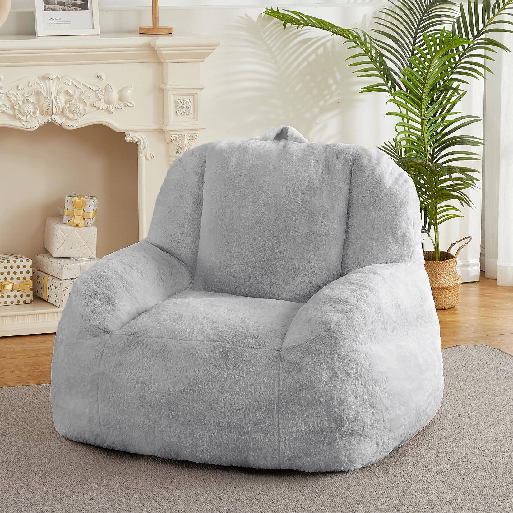 Acekool - Giant Bean Bag Chair, Faux Fur Stuffed Bean Bag Couch with Filler, Bean Bag Chair for Adults, Big Lazy Sofa Floor Sofa - Light Gray