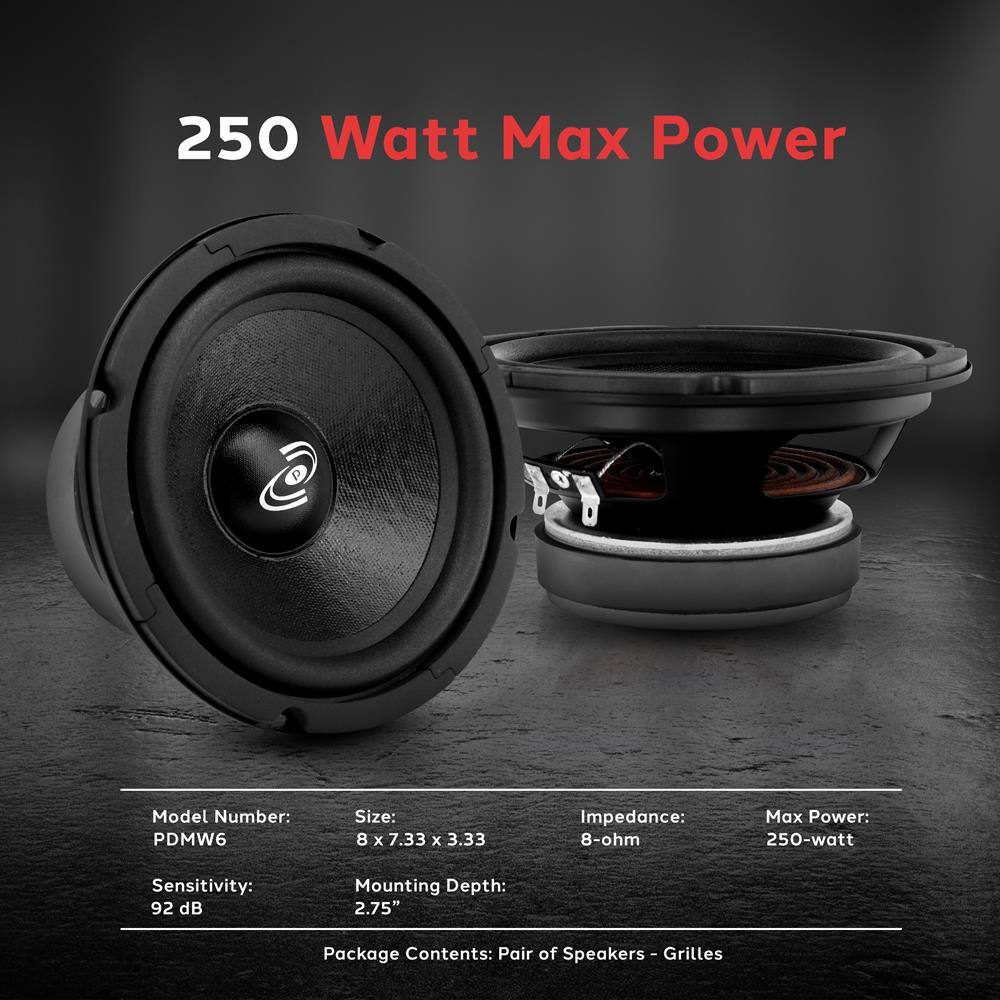 250 Watt Max Power

Model Number: PDMW6  
Size: 8 x 7.33 x 3.33  
Impedance: 8-ohm  
Max Power: 250-watt  
Sensitivity: 92 dB  
Mounting Depth: 2.75"  
Package Contents: Pair of Speakers - Grilles