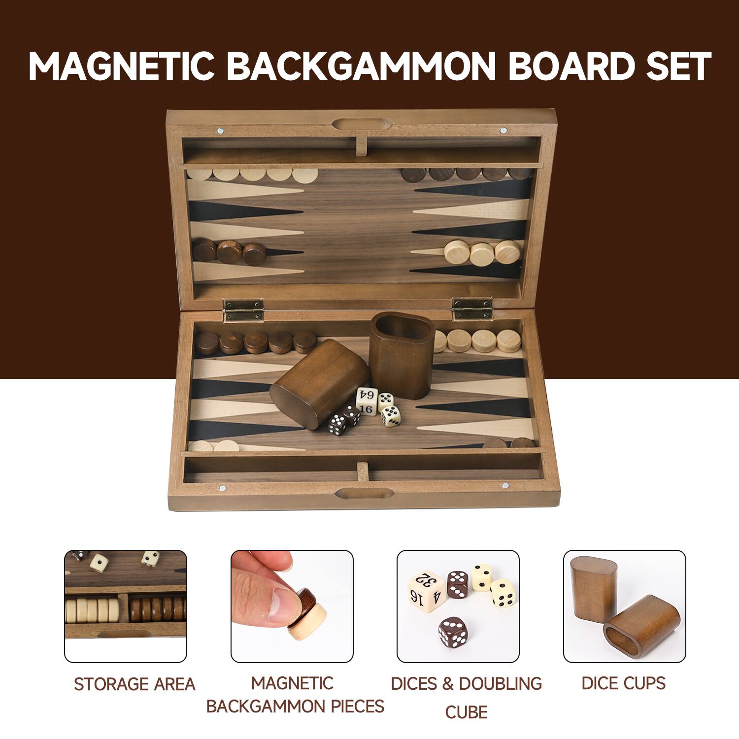 MAGNETIC BACKGAMMON BOARD SET STORAGE AREA MAGNETIC BACKGAMMON PIECES DICES & DOUBLING CUBE DICE CUPS
