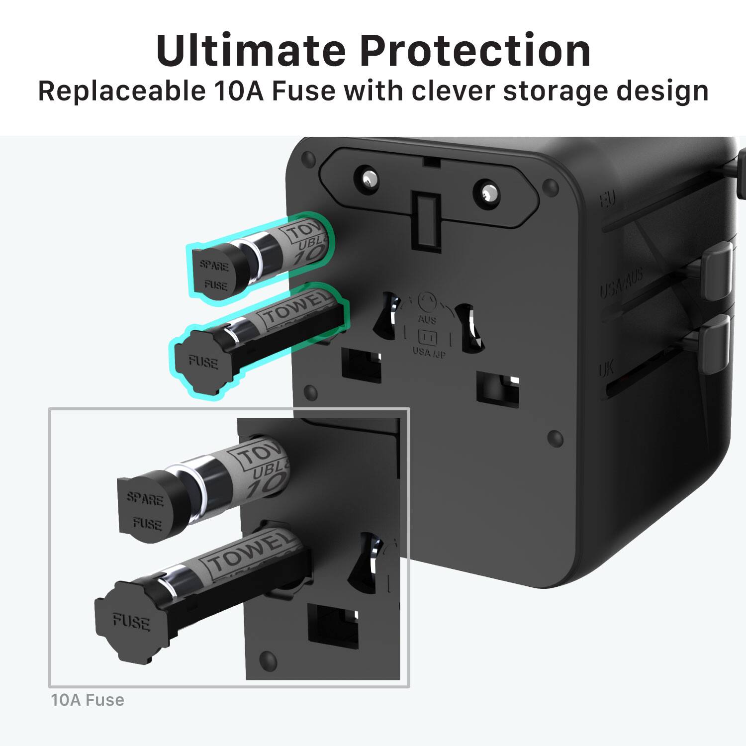 Ultimate Protection  
Replaceable 10A Fuse with clever storage design  

10A Fuse  

TOV UBL 10  
SPARE FUSE  
TOWE  
FUSE  

USA/AUS  
UK