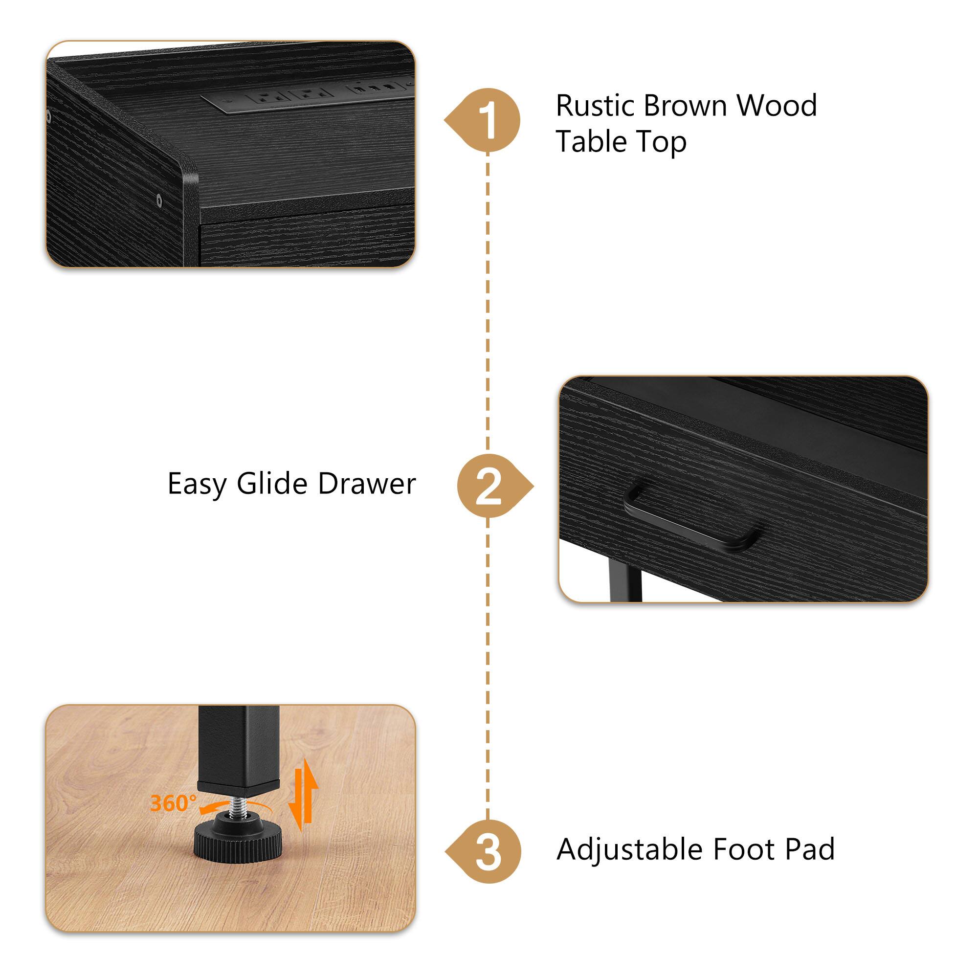 Fi SIE 1 Rustic Brown Wood Table Top Easy Glide Drawer 2 360° 3 Adjustable Foot Pad